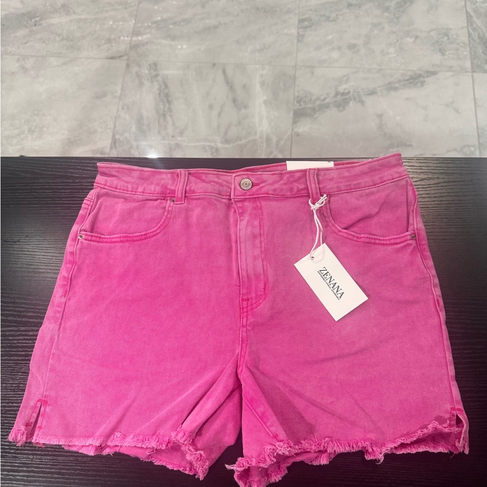 Zenana Outfitters Hot Pink Frayed Hem Denim Shorts